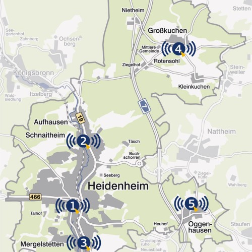Im Stadtgebiet und den Teilorten werden fünf Notfalltreffpunkte eingerichtet. Grafik: Stadt Heidenheim
