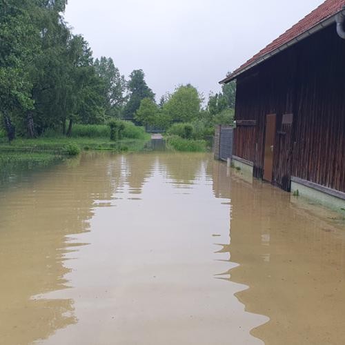 Hochwasser steht an mehreren Stellen im Brenzpark, wie hier im Bereich jenes Gebäudes, das im Sommer für die Kinderbetreuung genutzt wird. Fotos: Stadt Heidenheim