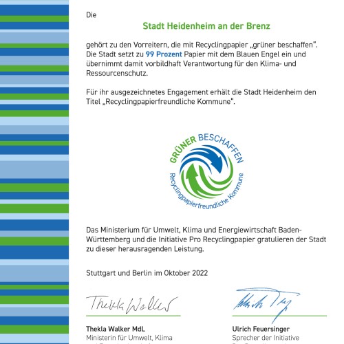 Heidenheim leistet mit der Verwendung von Blauer-Engel-Papier einen wichtigen Beitrag zum Klima- und Ressourcenschutz